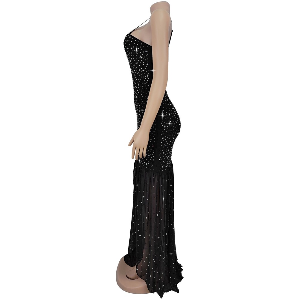 Fashion rhinestone sling split summer dress for women
