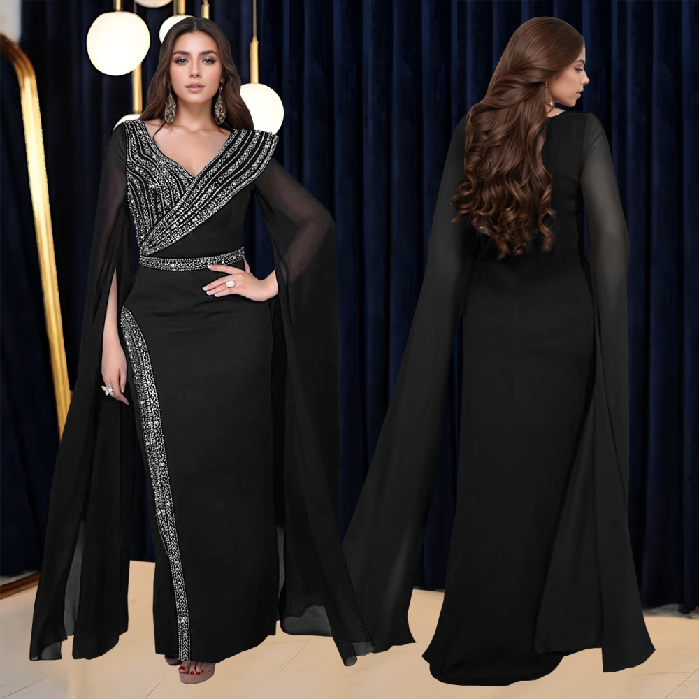 Temperament rhinestone long sleeve V-neck dress for women