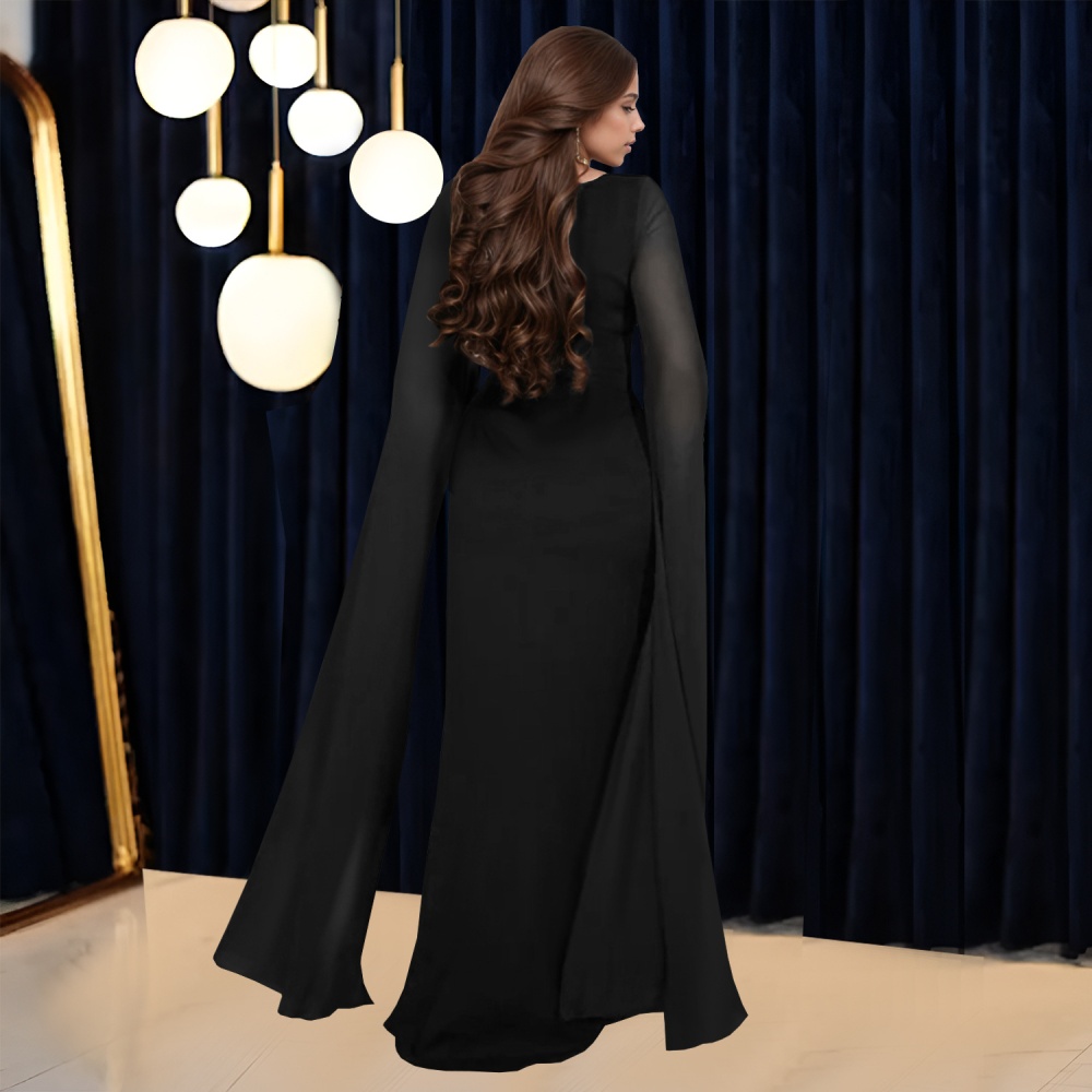 Temperament rhinestone long sleeve V-neck dress for women