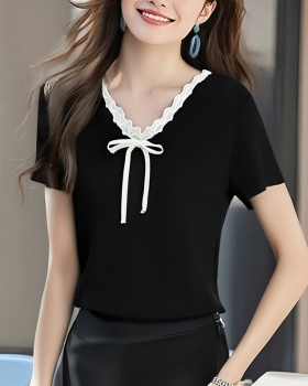 Lace knitted frenum summer bow V-neck tops