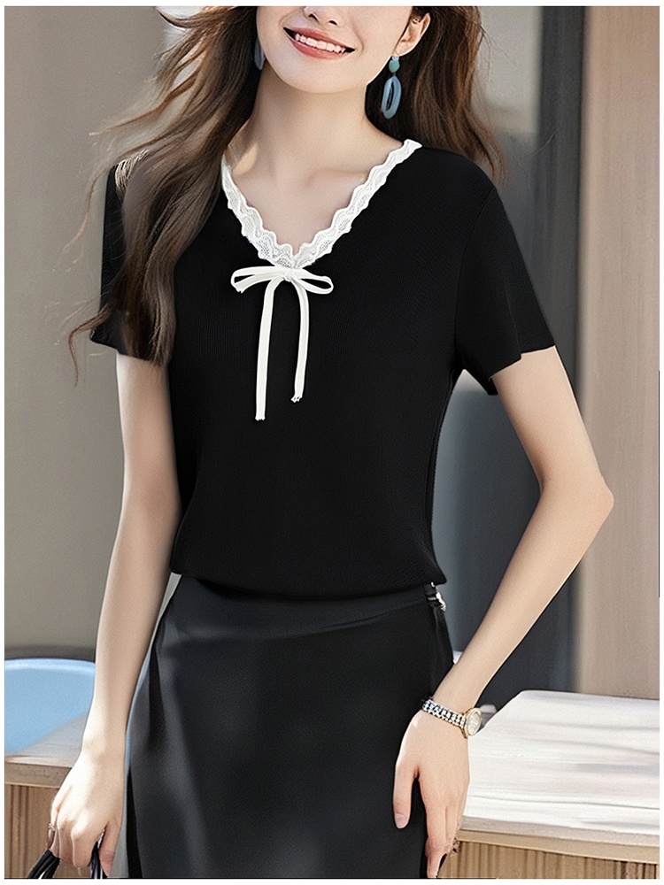 Lace knitted frenum summer bow V-neck tops