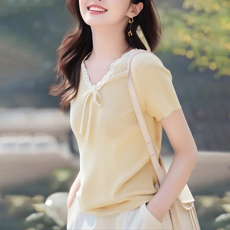 Lace knitted frenum summer bow V-neck tops
