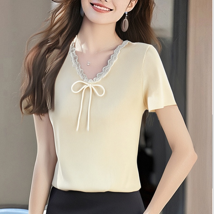 Lace knitted frenum summer bow V-neck tops