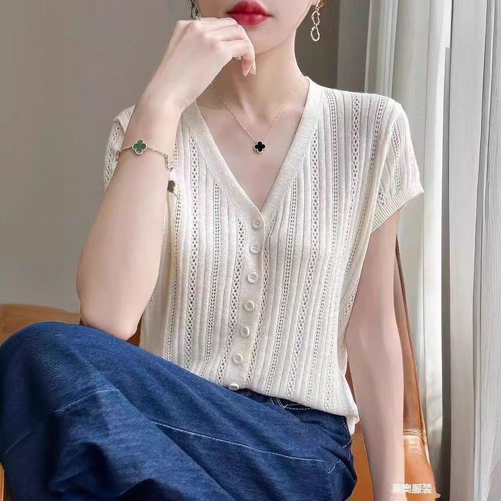 V-neck short sleeve T-shirt summer Casual cardigan for women