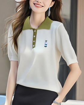Embroidery mixed colors summer doll collar sweater