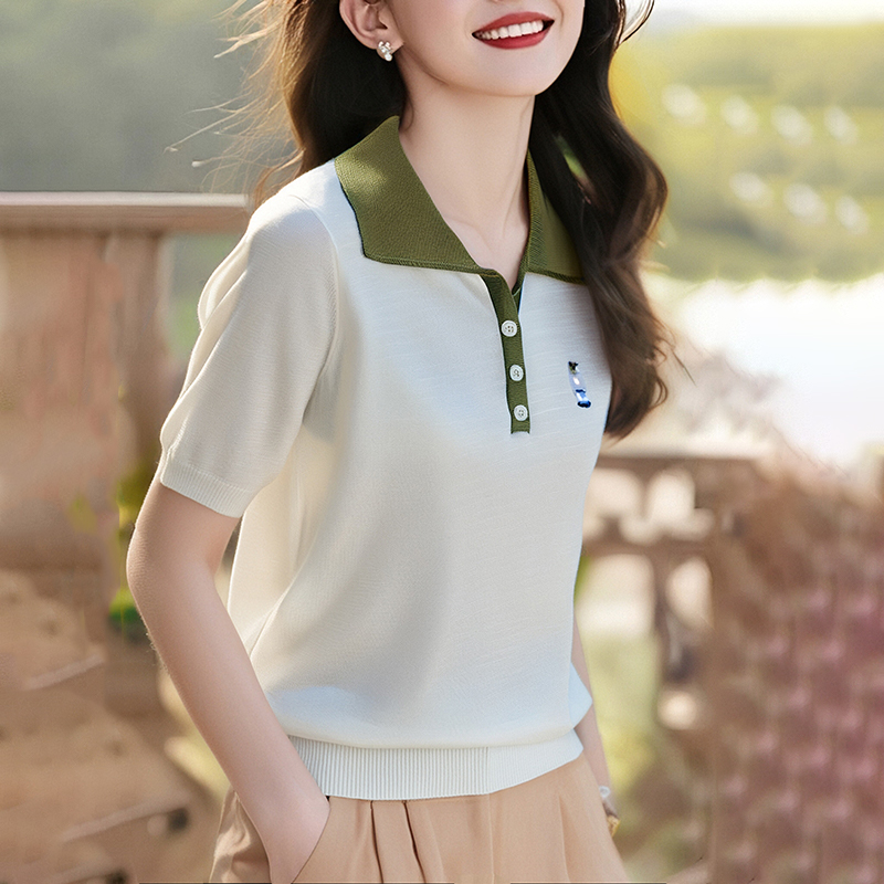 Embroidery mixed colors summer doll collar sweater