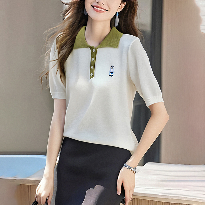 Embroidery mixed colors summer doll collar sweater