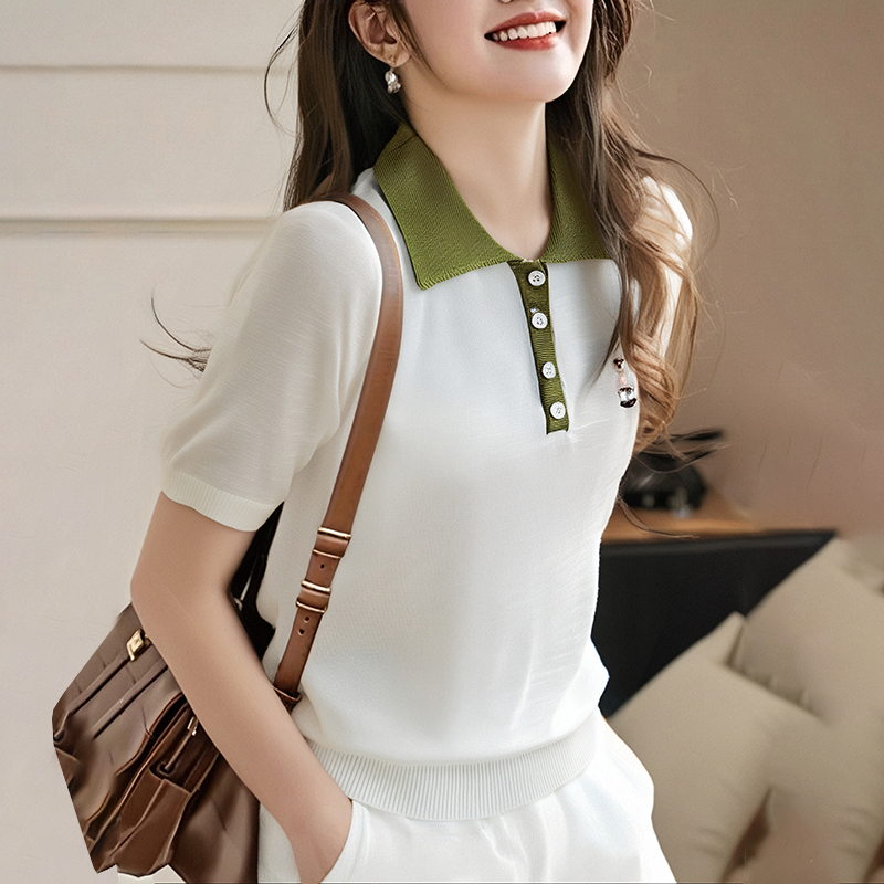 Embroidery mixed colors summer doll collar sweater
