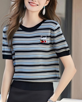 Embroidery stripe tops summer round neck T-shirt