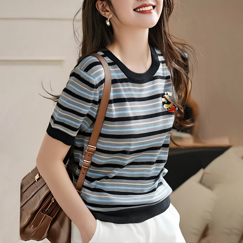 Embroidery stripe tops summer round neck T-shirt