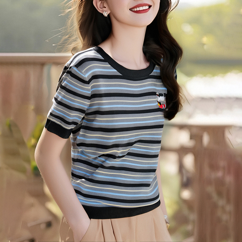 Embroidery stripe tops summer round neck T-shirt
