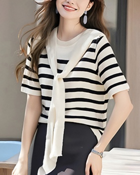 Summer stripe T-shirt knitted Pseudo-two shawl for women