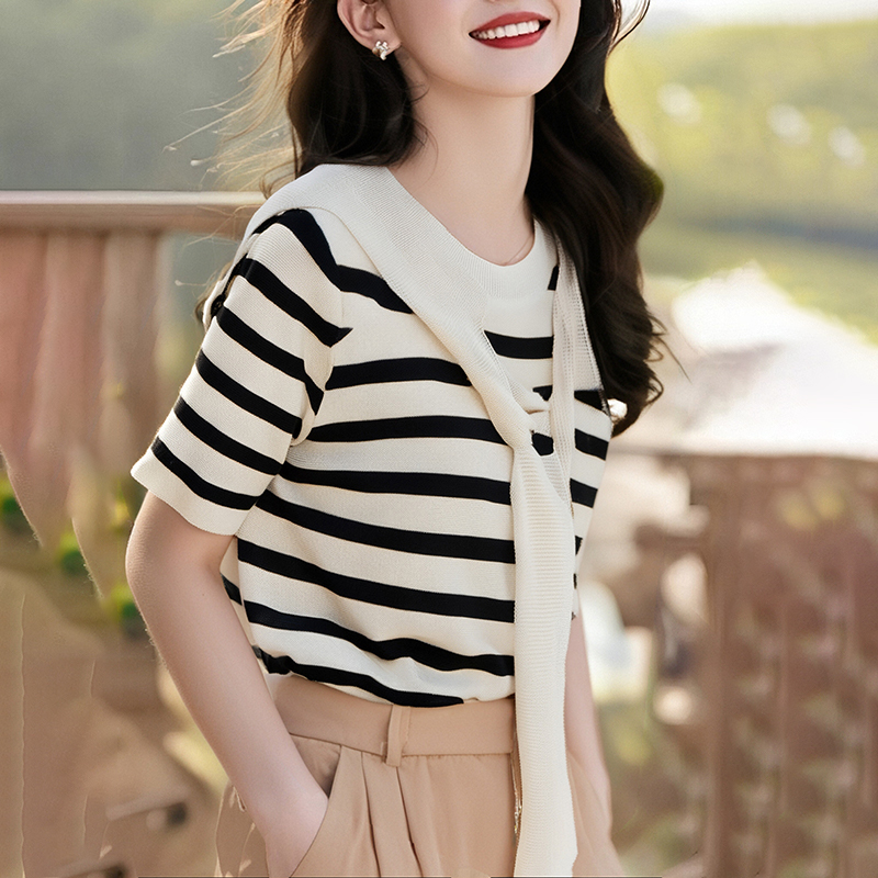 Summer stripe T-shirt knitted Pseudo-two shawl for women