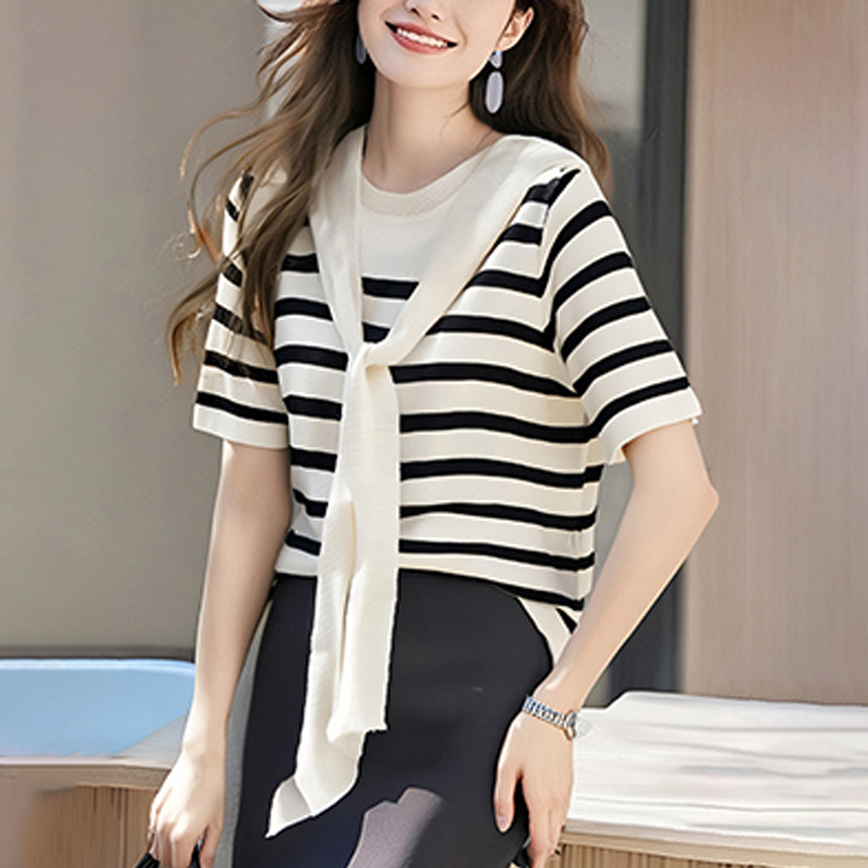 Summer stripe T-shirt knitted Pseudo-two shawl for women