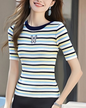 Stripe embroidery knitted summer tops