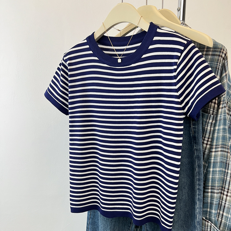 Summer stripe sweater ice silk T-shirt for women