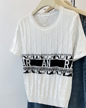Round neck letters jacquard short sleeve knitted T-shirt