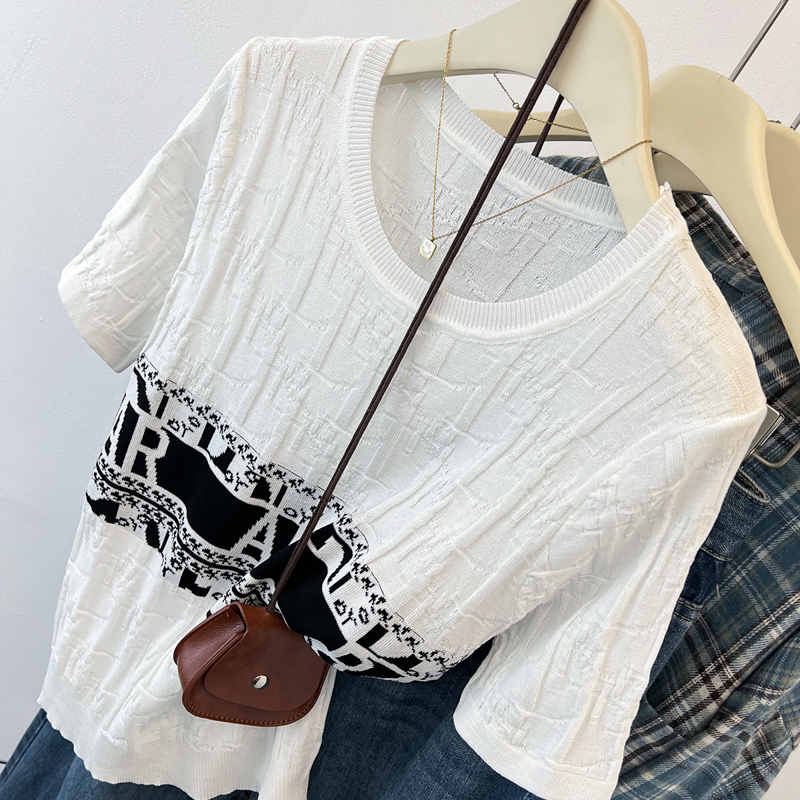 Round neck letters jacquard short sleeve knitted T-shirt