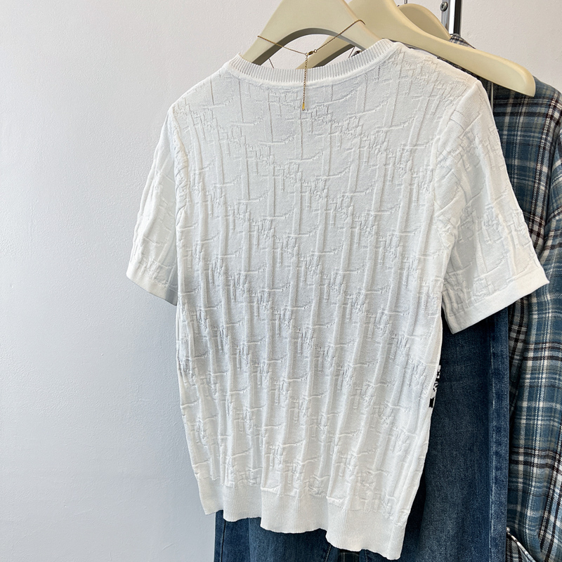 Round neck letters jacquard short sleeve knitted T-shirt
