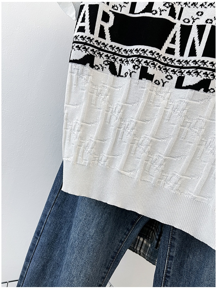 Round neck letters jacquard short sleeve knitted T-shirt