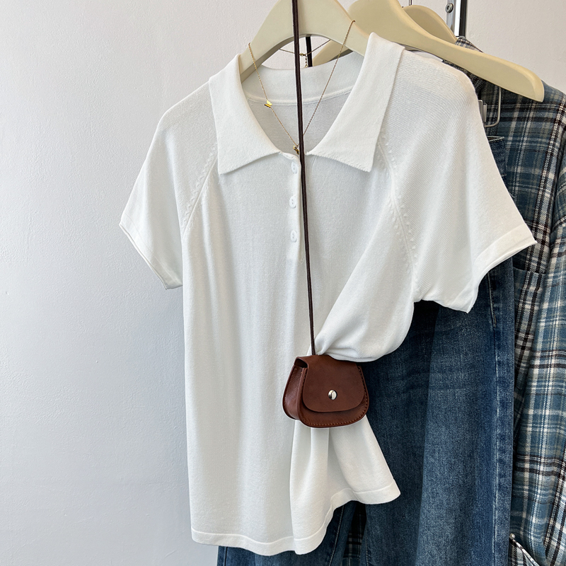 Short sleeve slim knitted T-shirt lapel summer tops