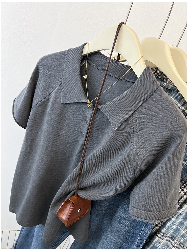 Short sleeve slim knitted T-shirt lapel summer tops