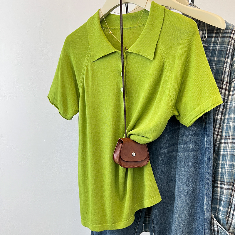 Short sleeve slim knitted T-shirt lapel summer tops