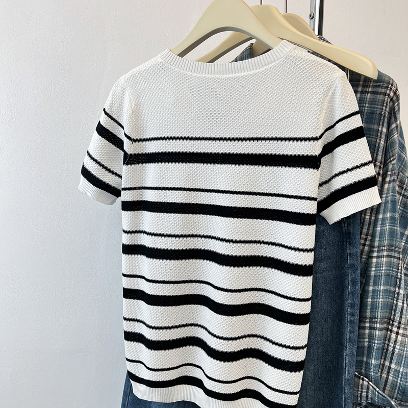 Ice silk mixed colors knitted summer stripe tops