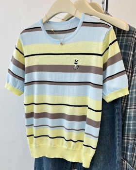 Knitted summer kitten stripe mixed colors ice silk T-shirt