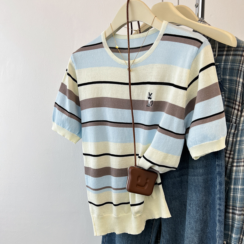 Knitted summer kitten stripe mixed colors ice silk T-shirt