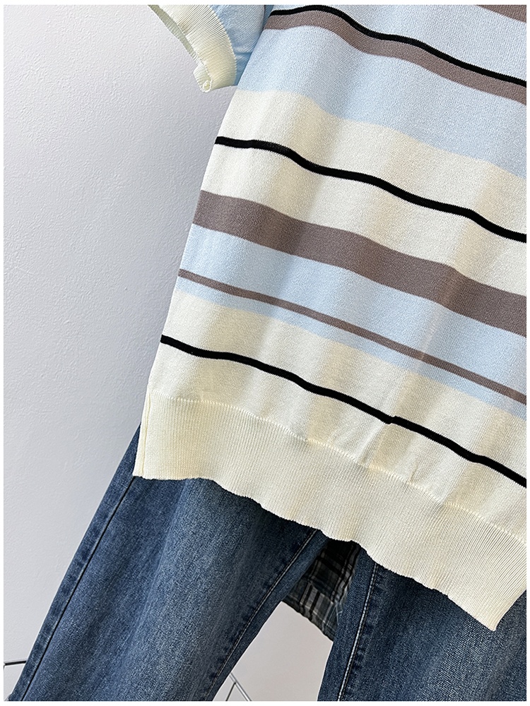 Knitted summer kitten stripe mixed colors ice silk T-shirt