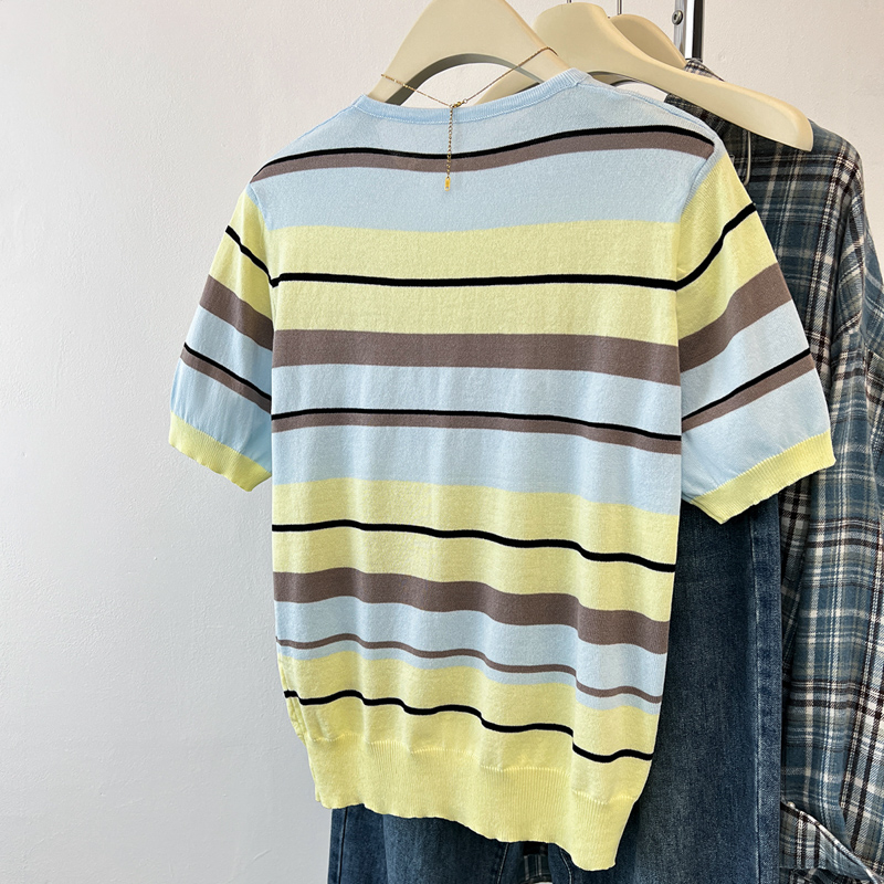 Knitted summer kitten stripe mixed colors ice silk T-shirt