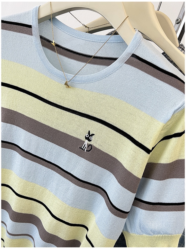 Knitted summer kitten stripe mixed colors ice silk T-shirt