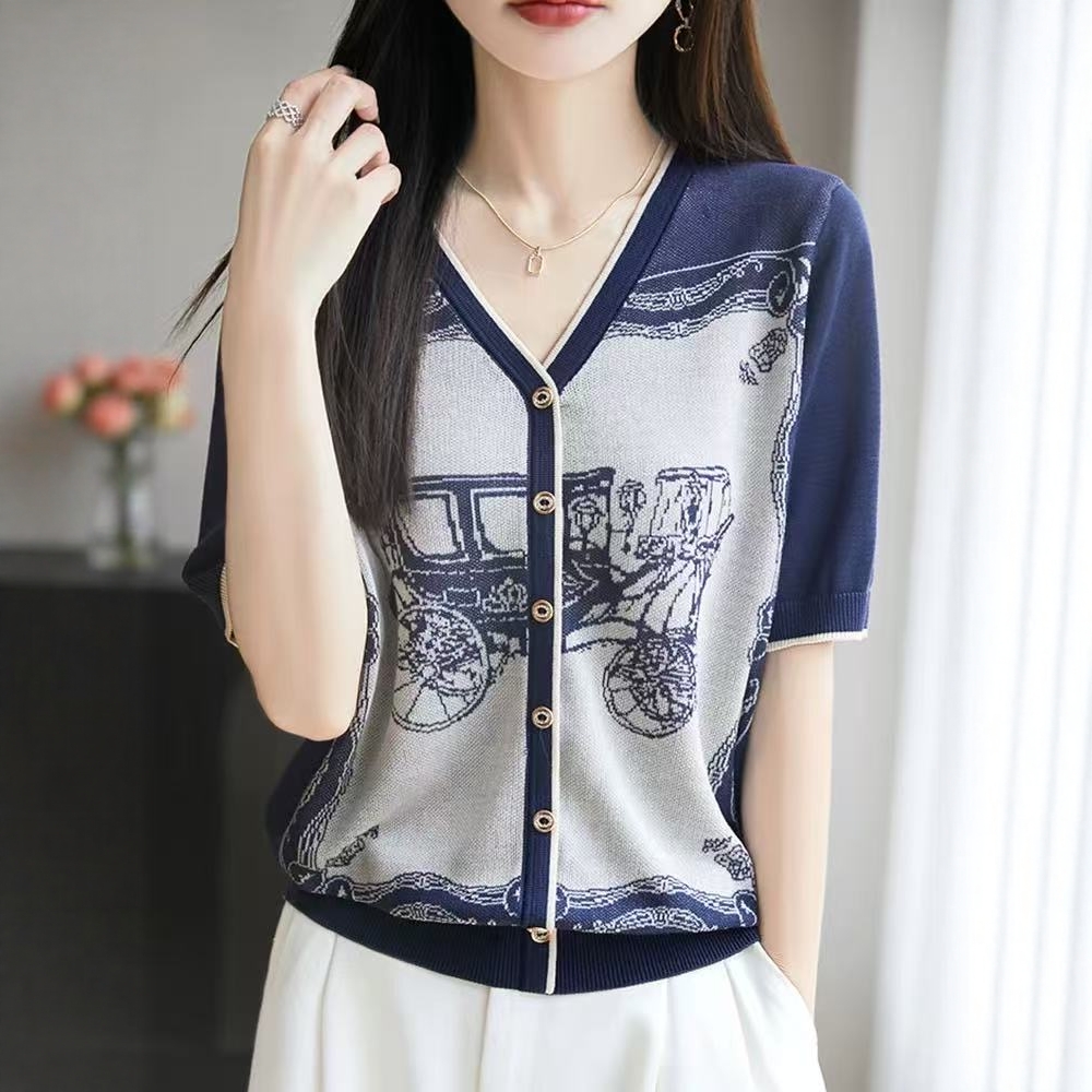Summer retro T-shirt ice silk tops for women