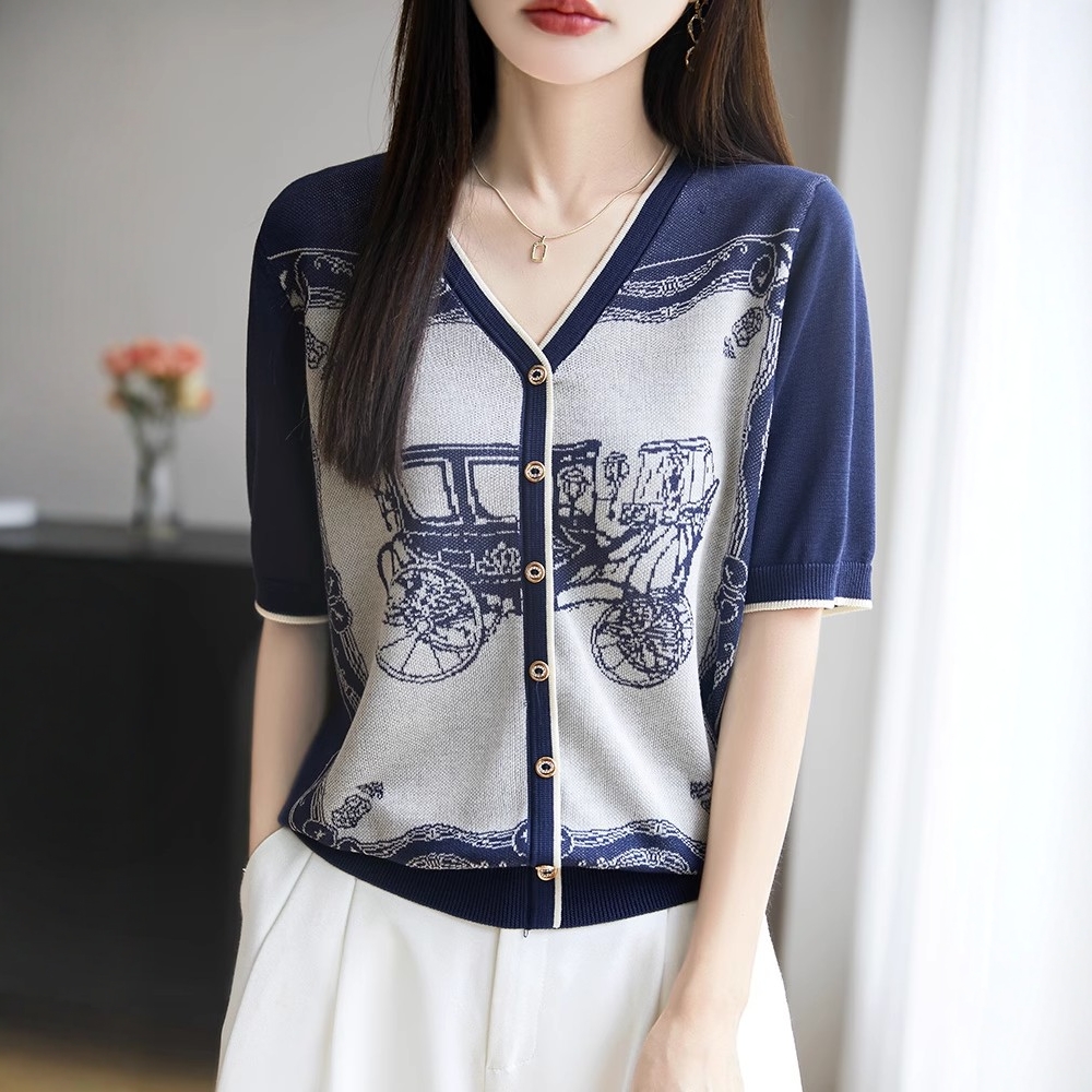 Summer retro T-shirt ice silk tops for women