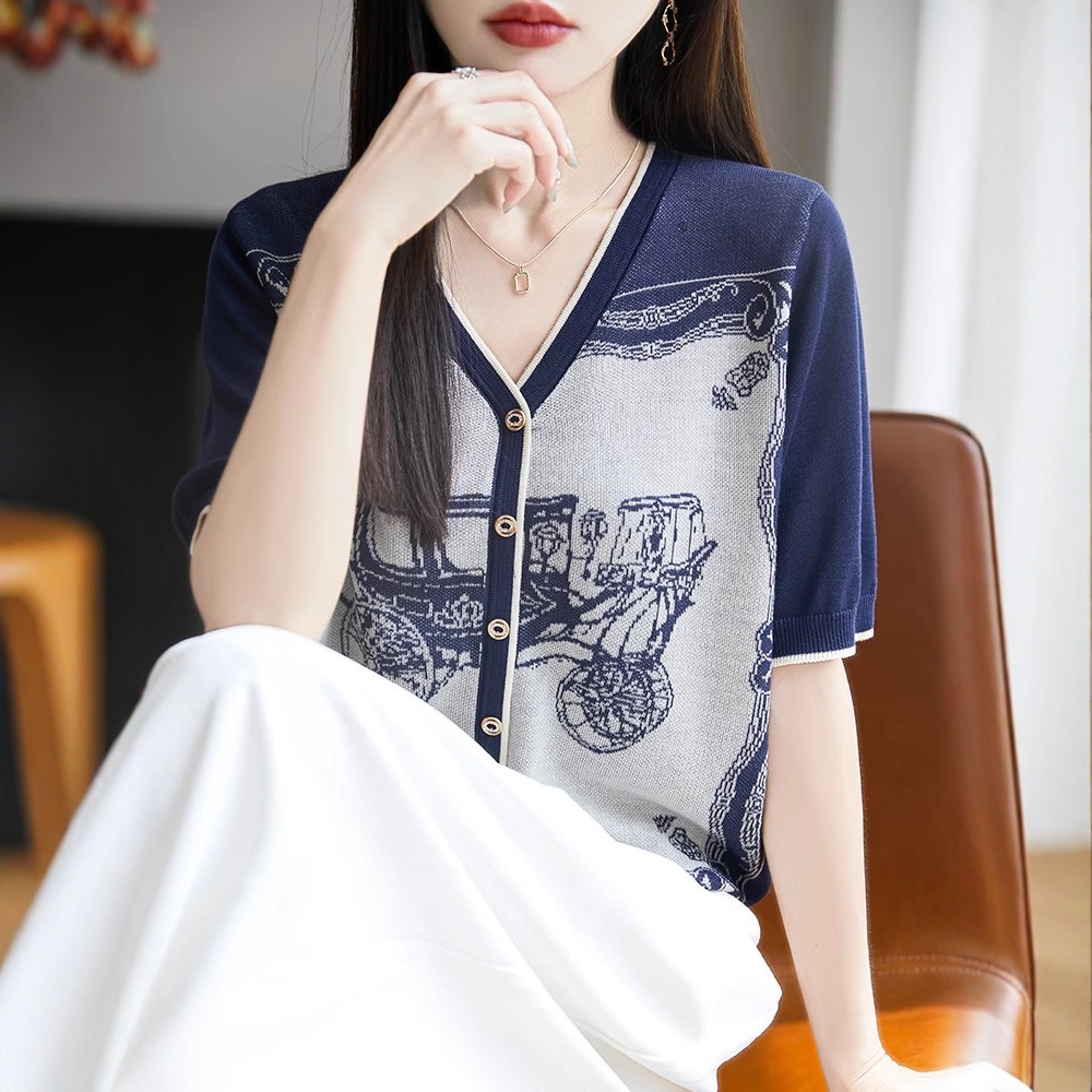 Summer retro T-shirt ice silk tops for women