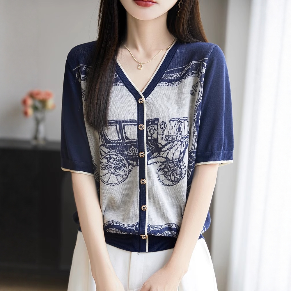 Summer retro T-shirt ice silk tops for women