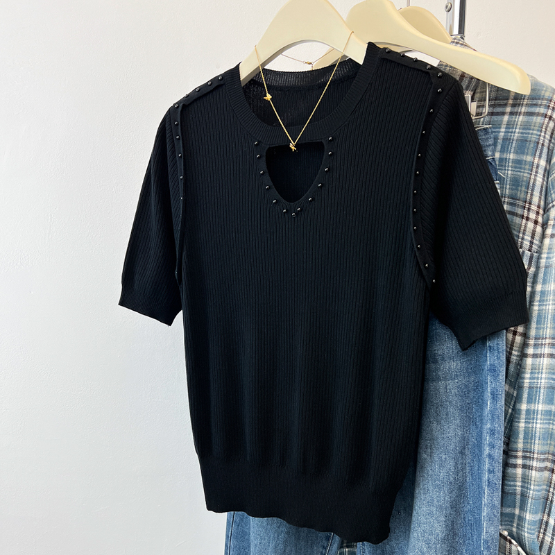 Hollow slim short sleeve tops summer beading T-shirt