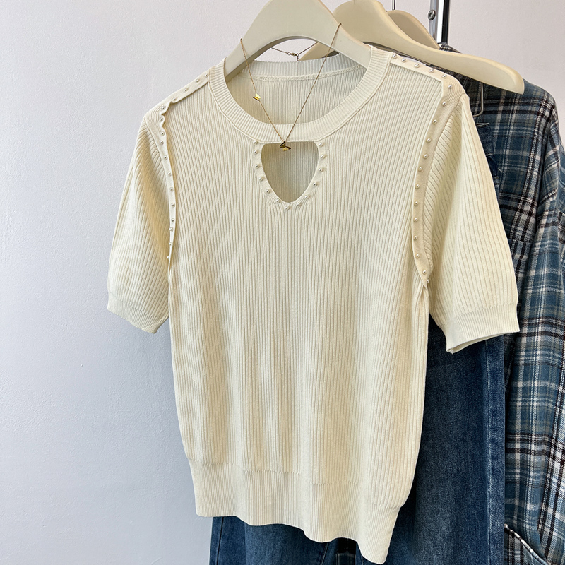 Hollow slim short sleeve tops summer beading T-shirt