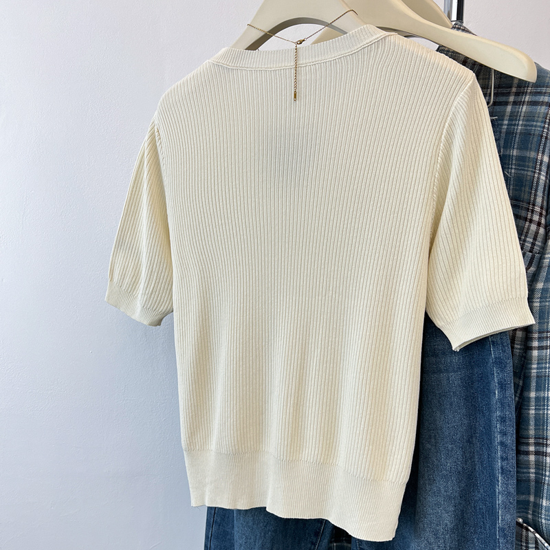 Hollow slim short sleeve tops summer beading T-shirt