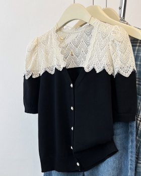 Knitted short sleeve splice summer cardigan for women