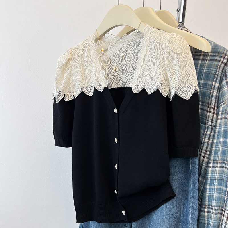 Knitted short sleeve splice summer cardigan for women