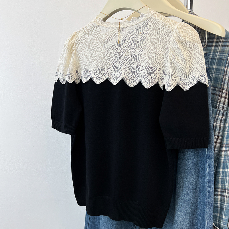 Knitted short sleeve splice summer cardigan for women