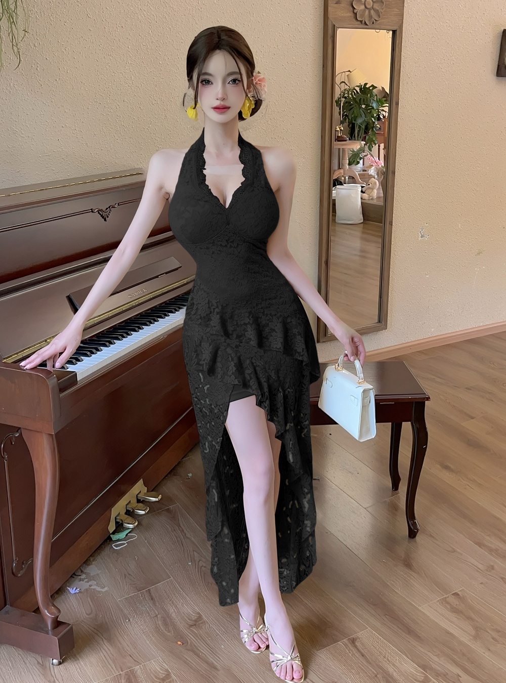 Slim enticement long dress V-neck pinched waist dress for women