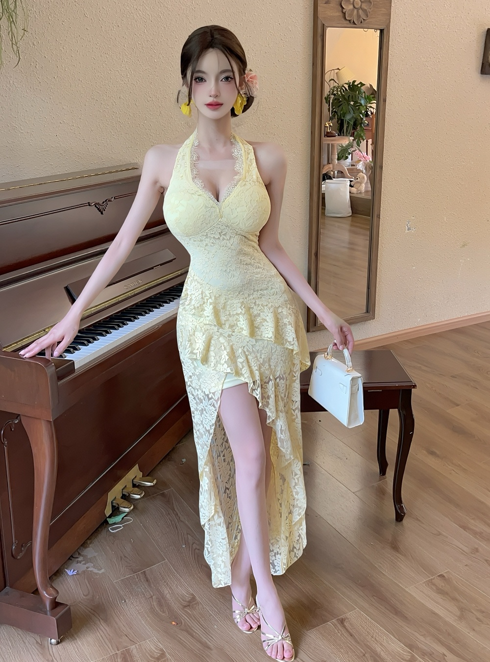 Slim enticement long dress V-neck pinched waist dress for women