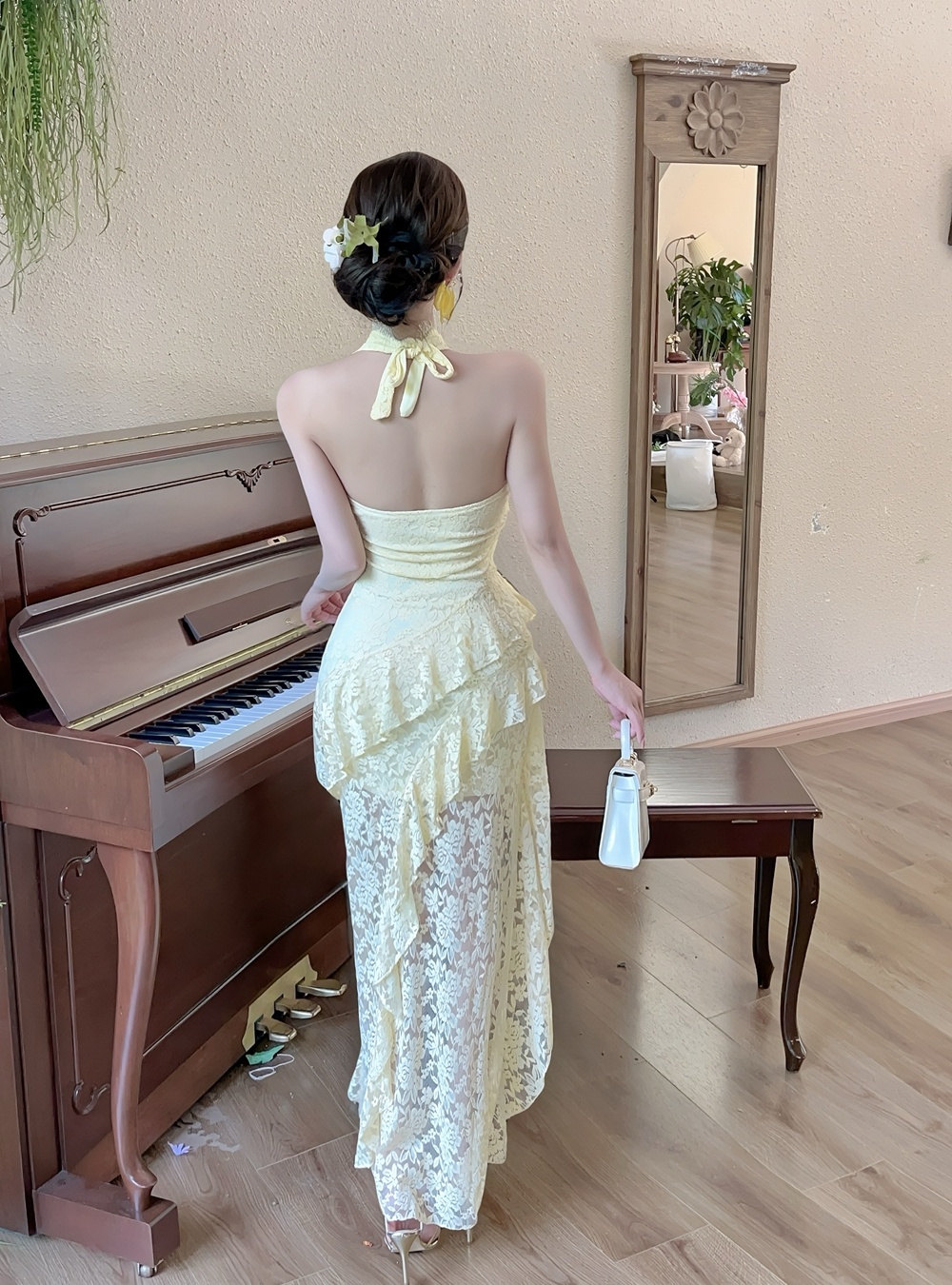 Slim enticement long dress V-neck pinched waist dress for women