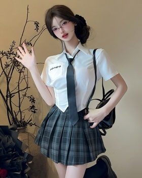 Plaid shirt college style uniform 2pcs set for women