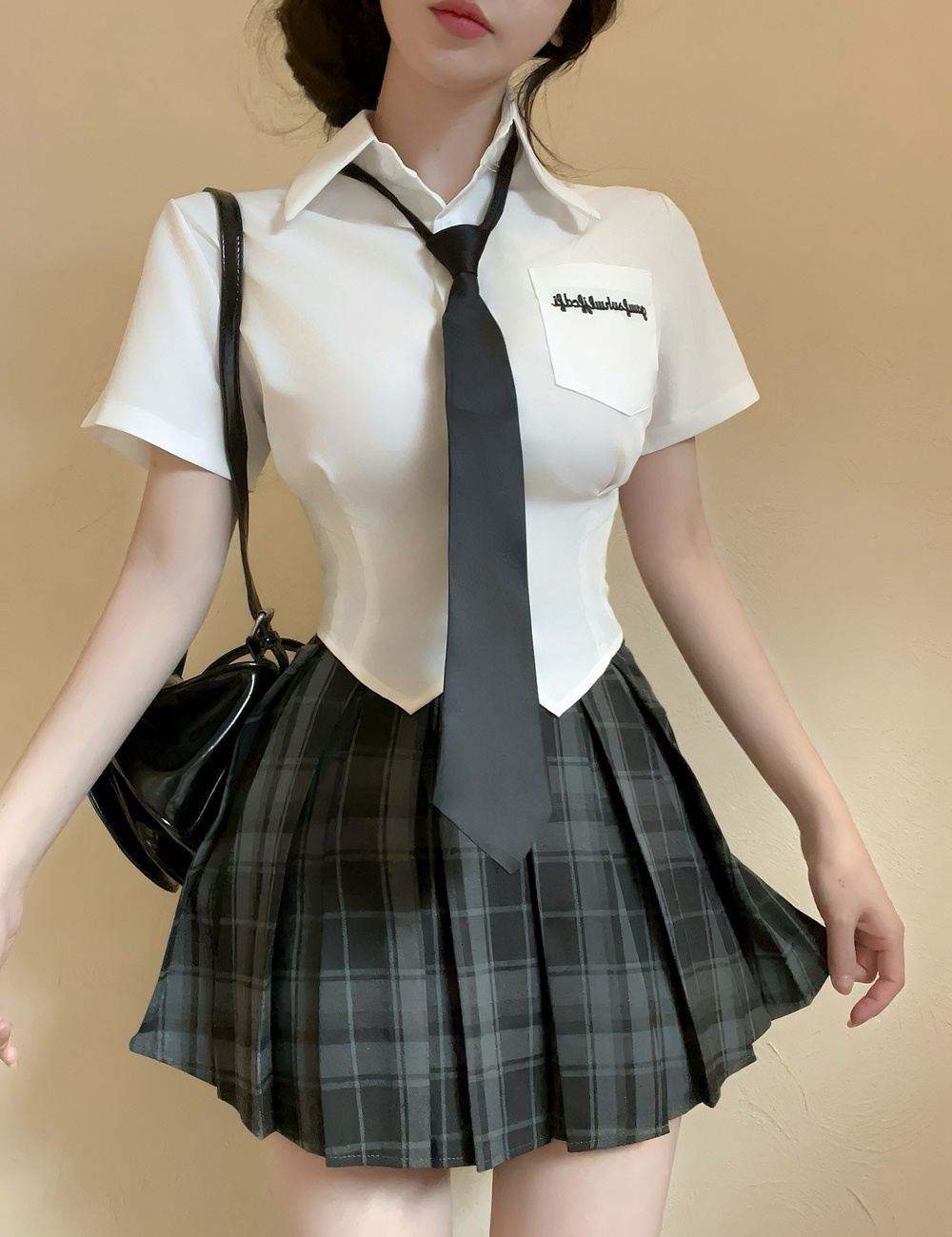 Plaid shirt college style uniform 2pcs set for women