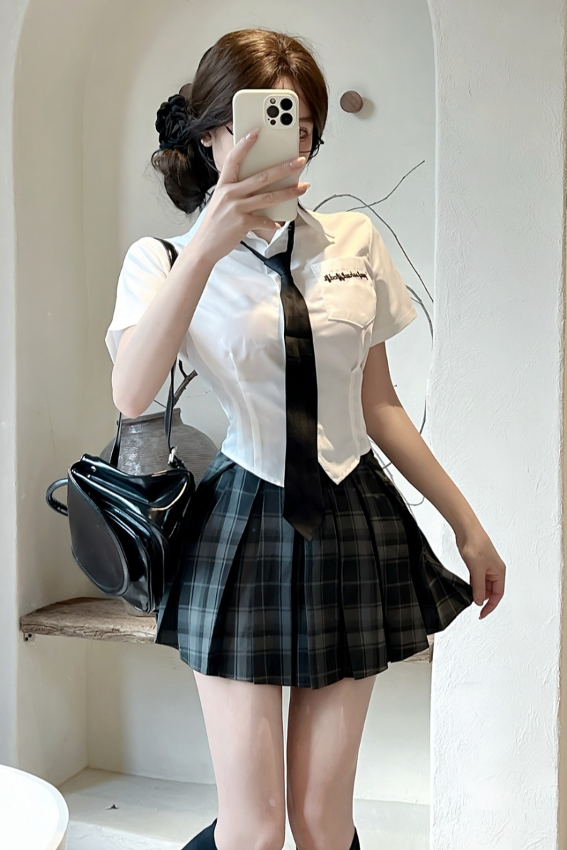 Plaid shirt college style uniform 2pcs set for women