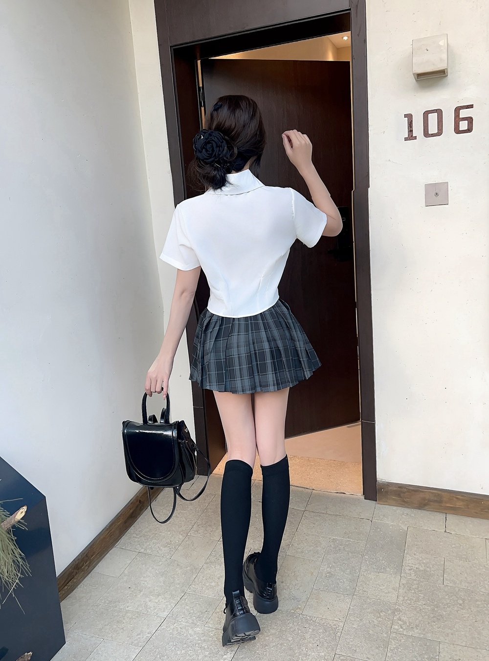 Plaid shirt college style uniform 2pcs set for women
